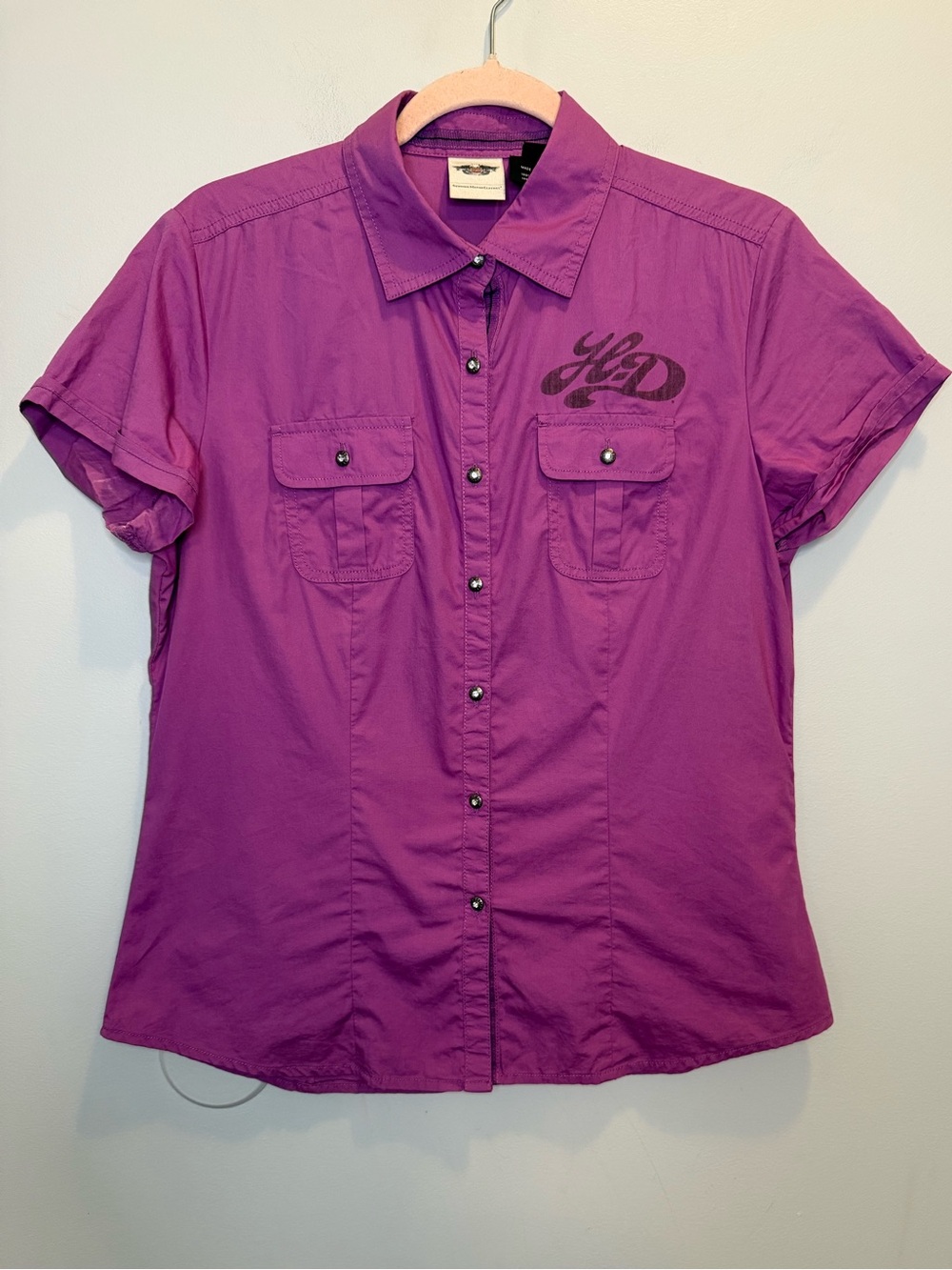 Harley-Davidson Purple Graphic Print Short Sleeve Button Front Shirt Medium Y2K